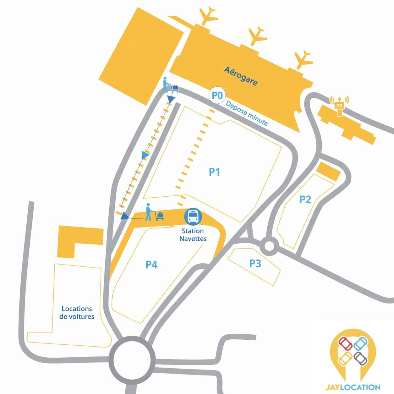 Plan de l'aéroport Roland Garros - emplacement de la navette Jaylocation
