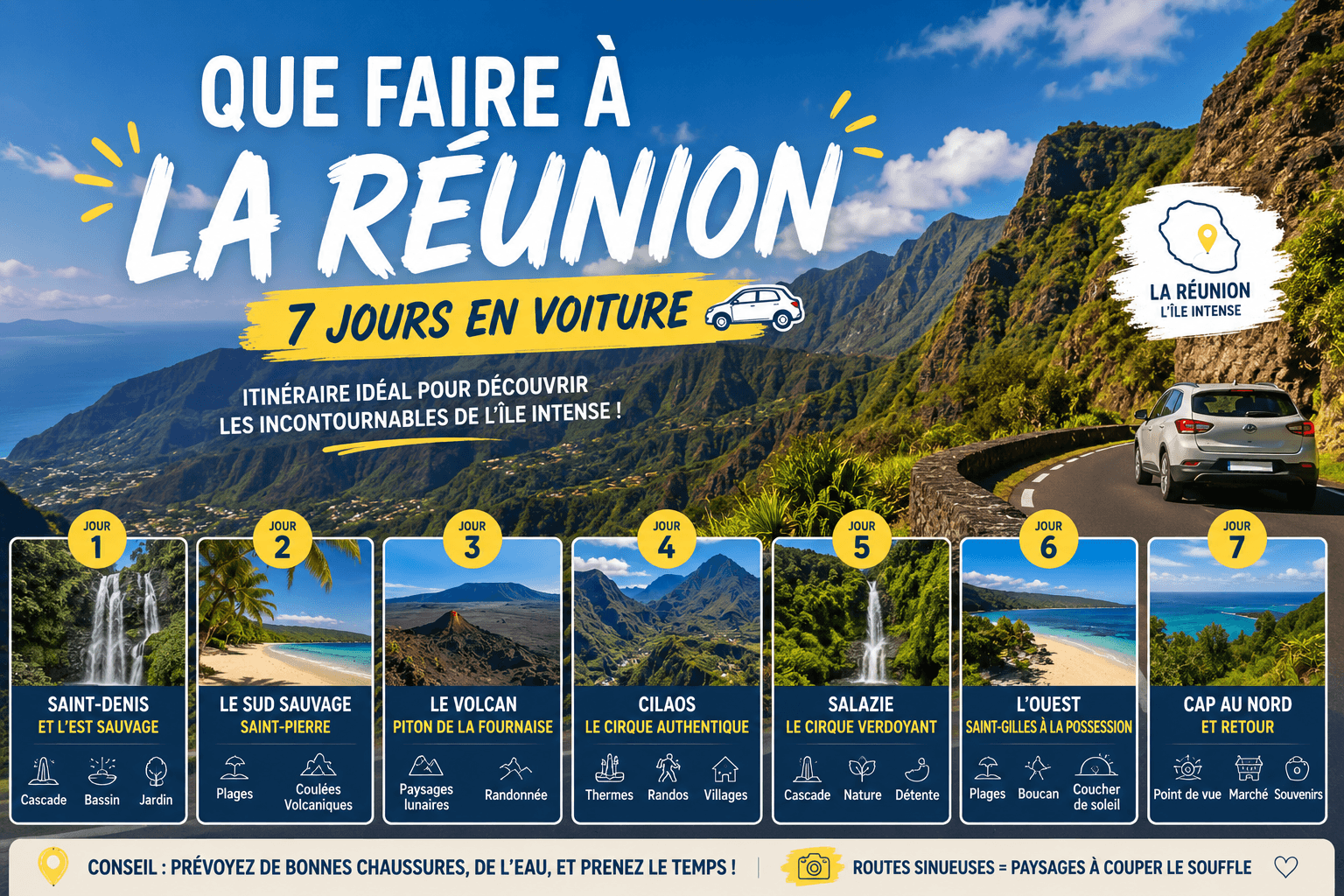 Route de montagne sinueuse surplombant un cirque verdoyant de La Réunion